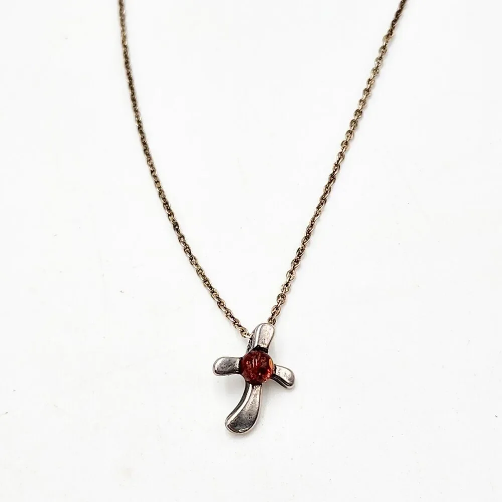 Vintage Dainty Sterling Silver Genuine Amber Center Cross Pendant 18